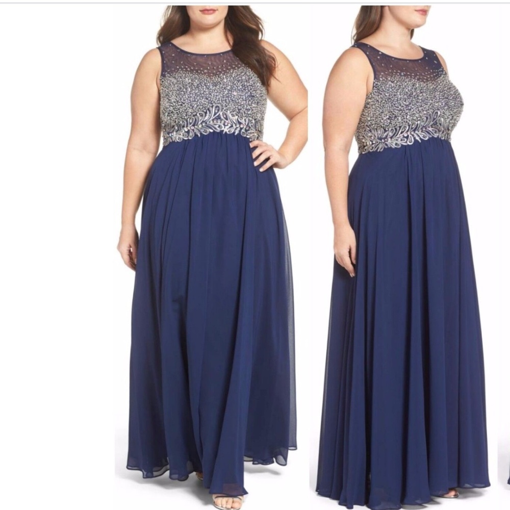 NEW‎ Decode 1.8 Beaded Illusion Bodice A-Line Gown Navy [PLUS SZ 20W ]
